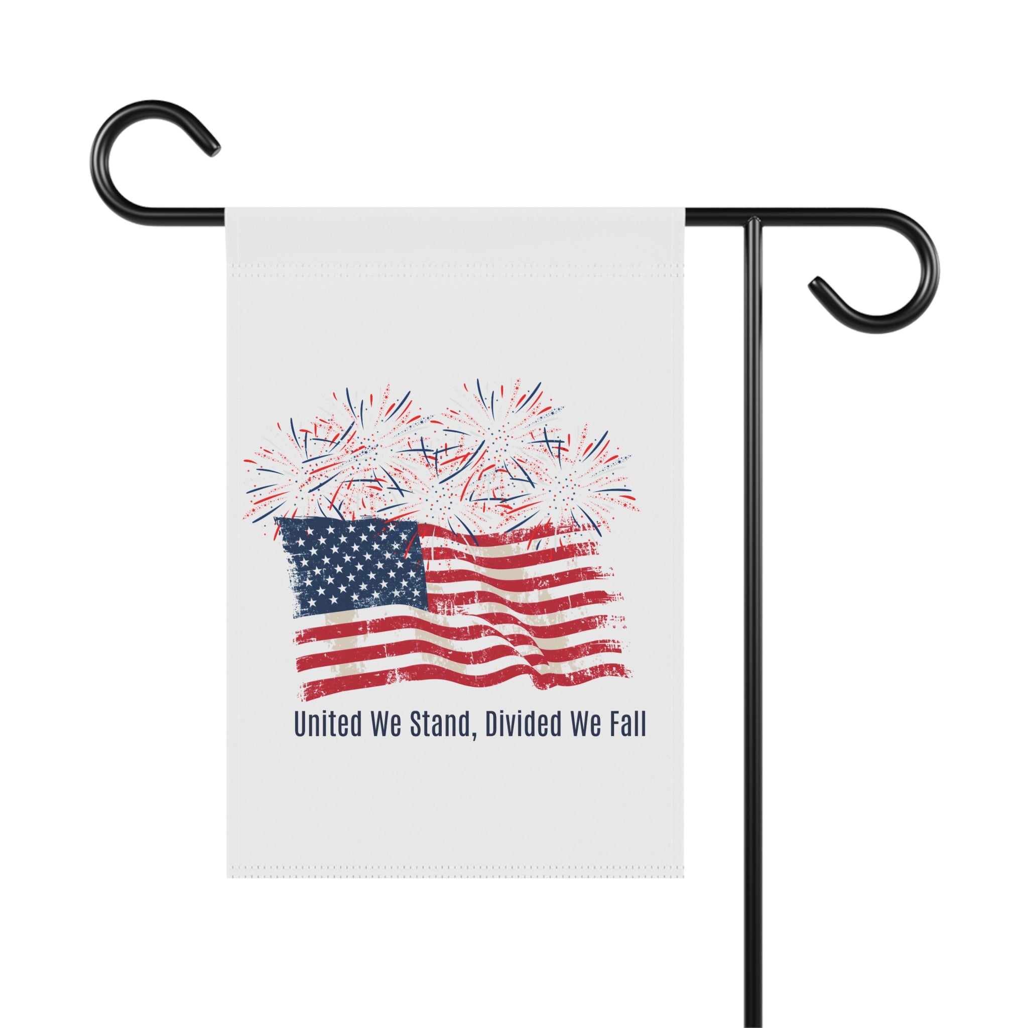 Patriotic Garden Flag — American Flag with Fireworks, "United We Stand, Divided We Fall"