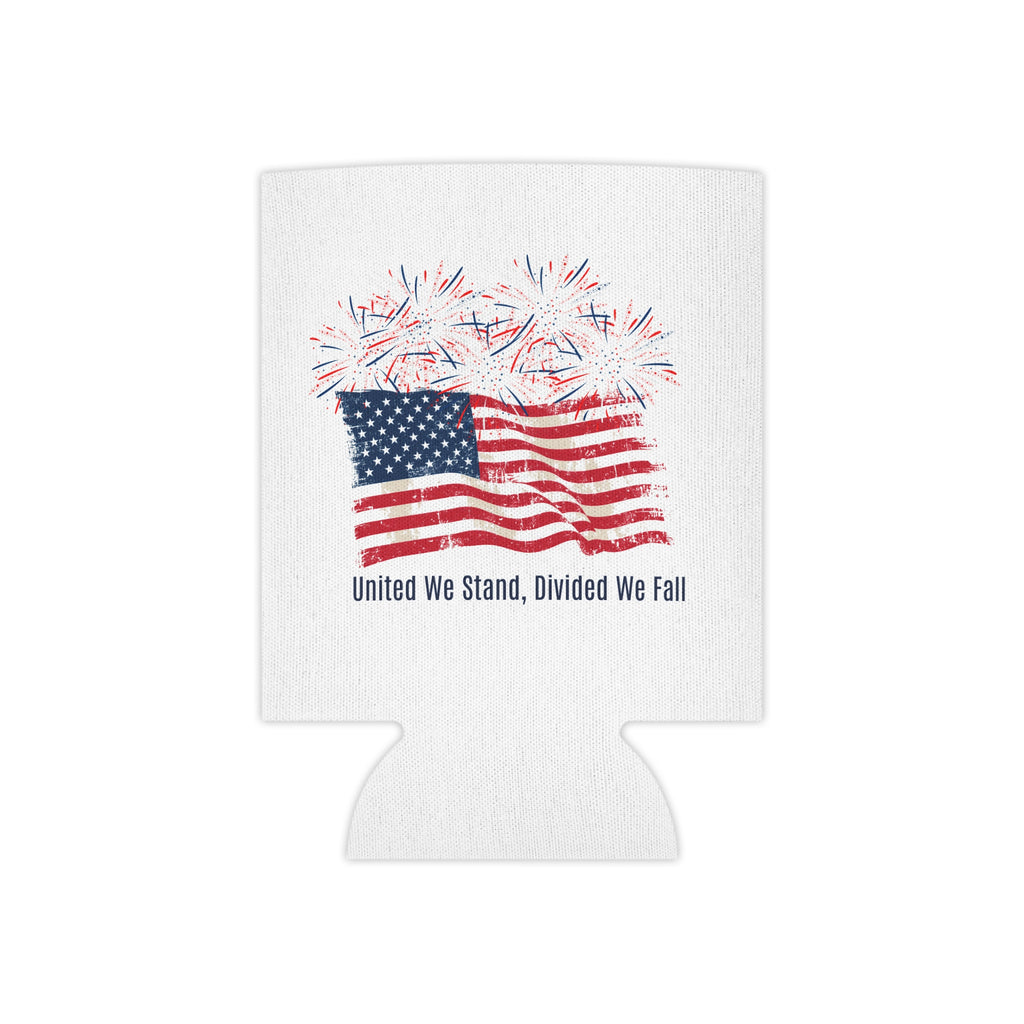 Patriotic Can Cooler — "United We Stand, Divided We Fall" American Flag with Fireworks