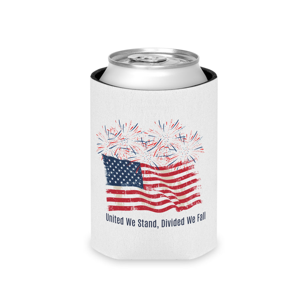 Patriotic Can Cooler — "United We Stand, Divided We Fall" American Flag with Fireworks
