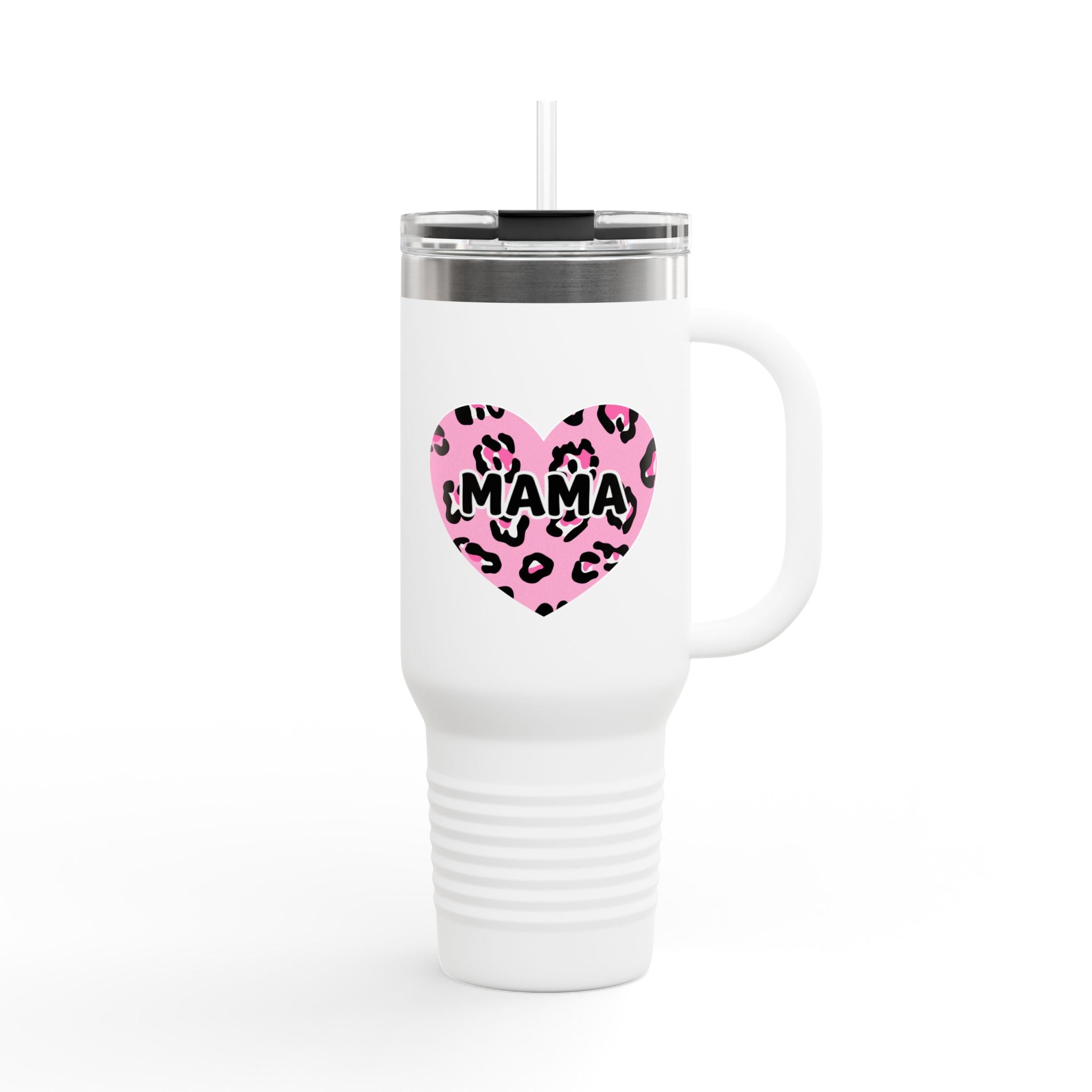 Mama Heart 40oz Insulated Travel Mug — Pink Leopard Tumbler for Moms