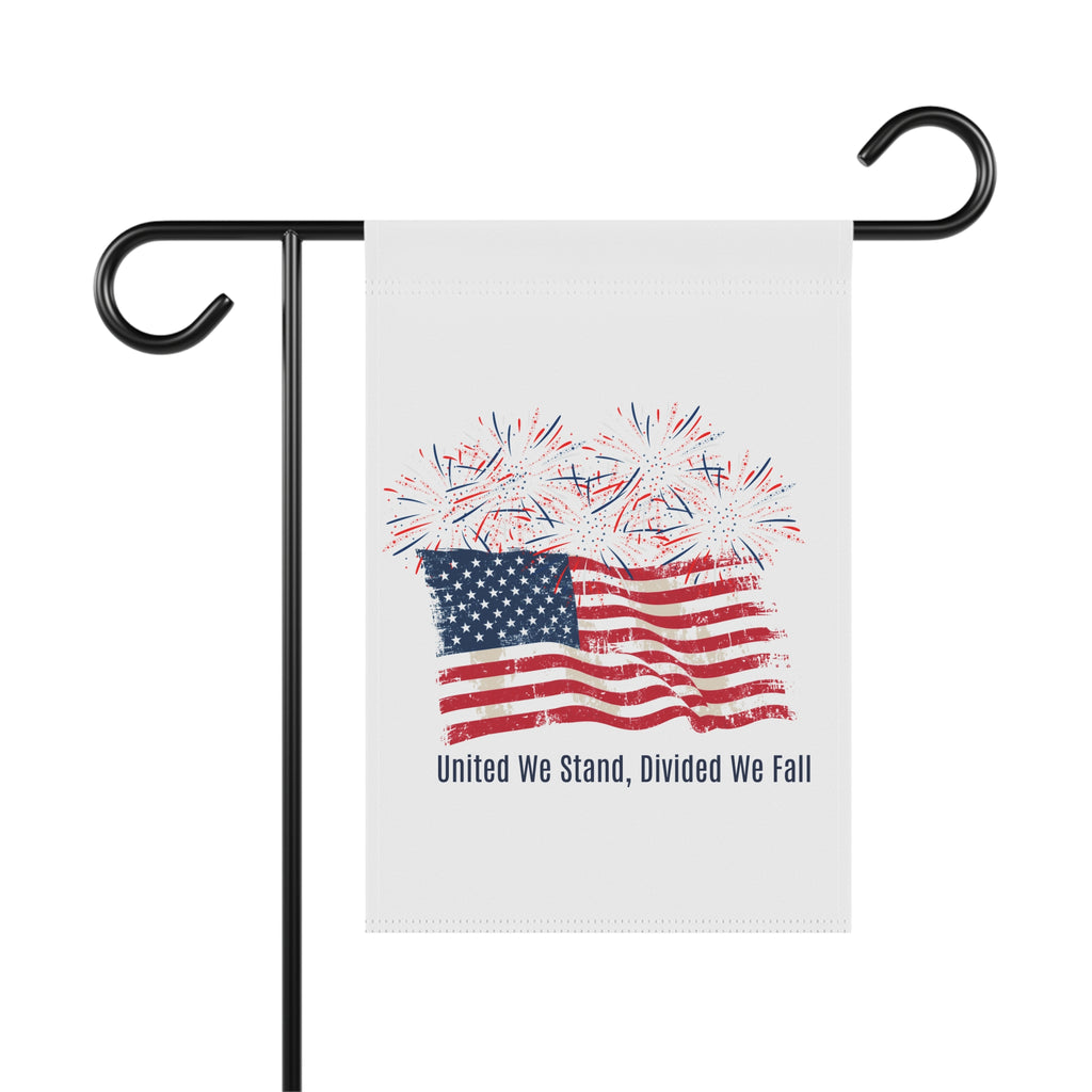 Patriotic Garden Flag — American Flag with Fireworks, "United We Stand, Divided We Fall"