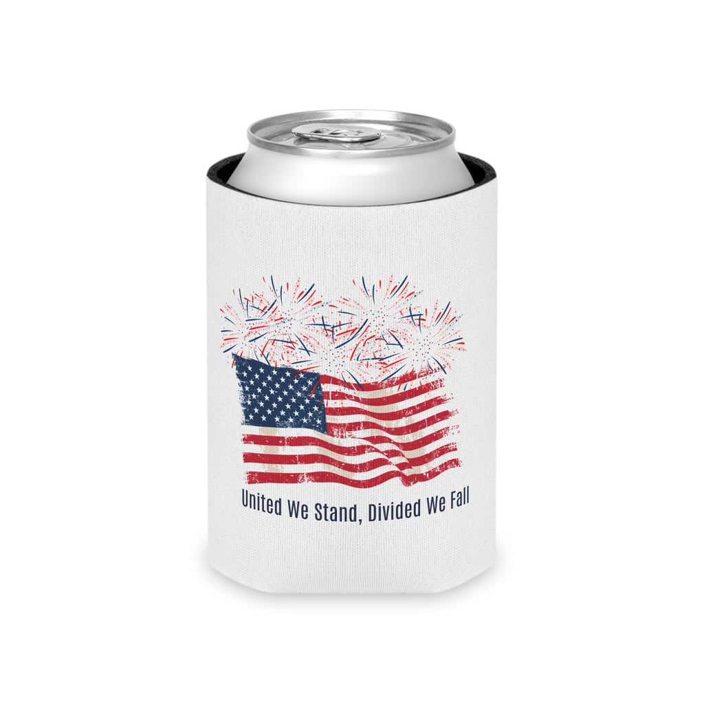 Patriotic Can Cooler — "United We Stand, Divided We Fall" American Flag with Fireworks