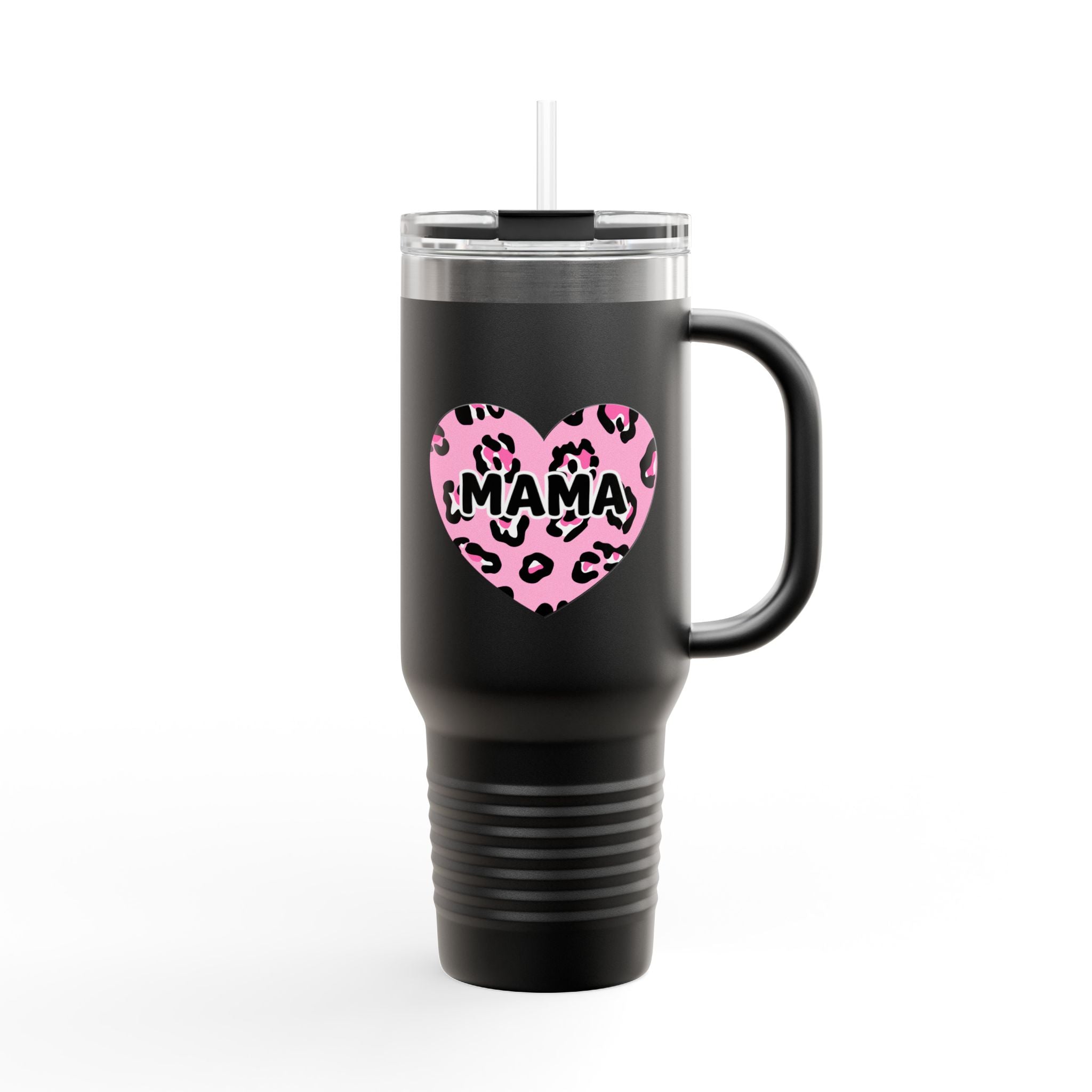 Mama Heart 40oz Insulated Travel Mug — Pink Leopard Tumbler for Moms