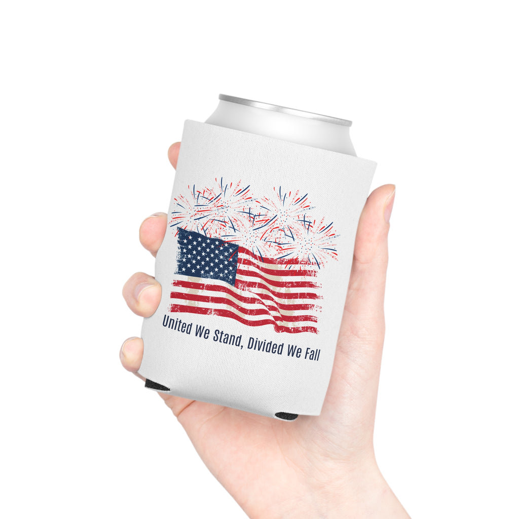 Patriotic Can Cooler — "United We Stand, Divided We Fall" American Flag with Fireworks