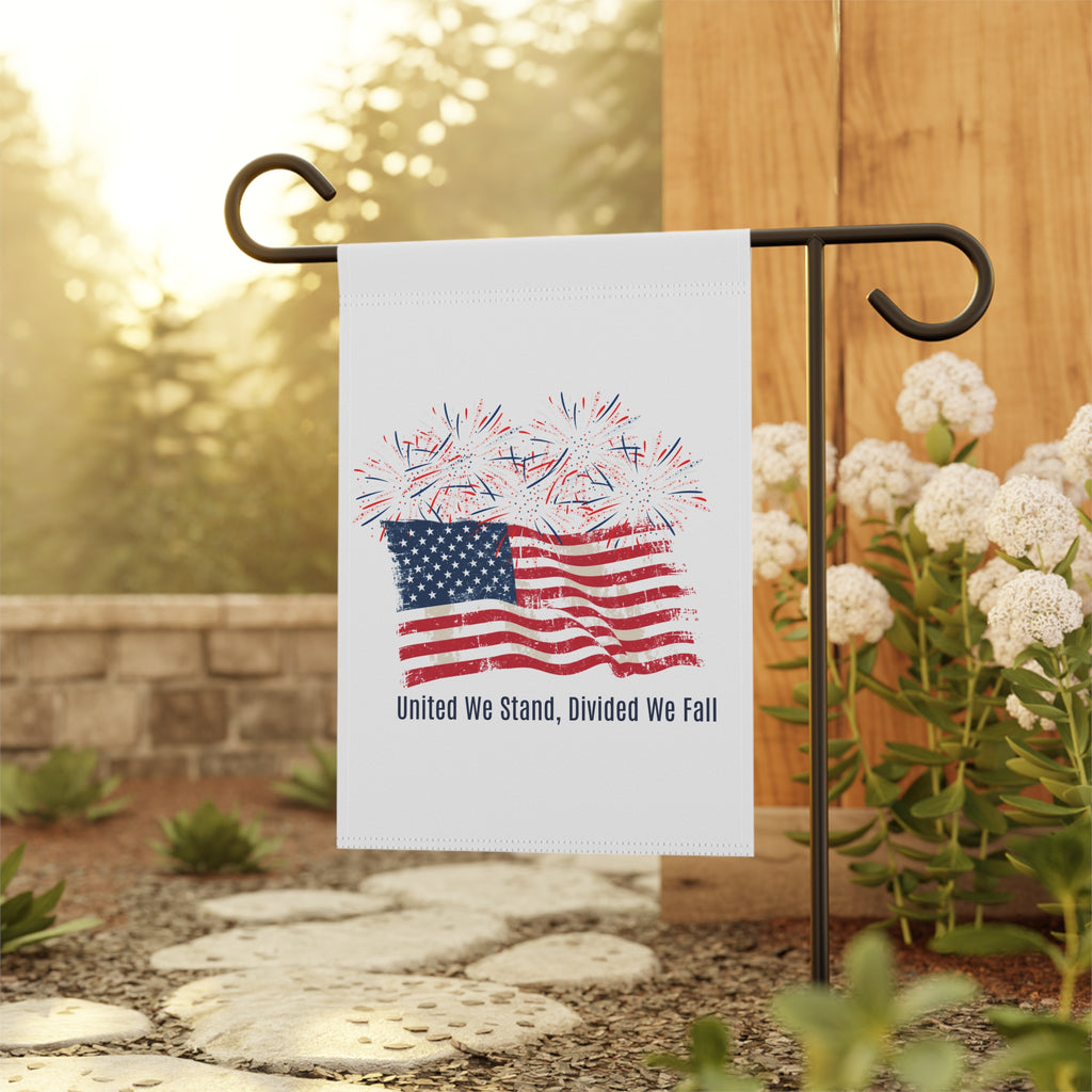 Patriotic Garden Flag — American Flag with Fireworks, "United We Stand, Divided We Fall"