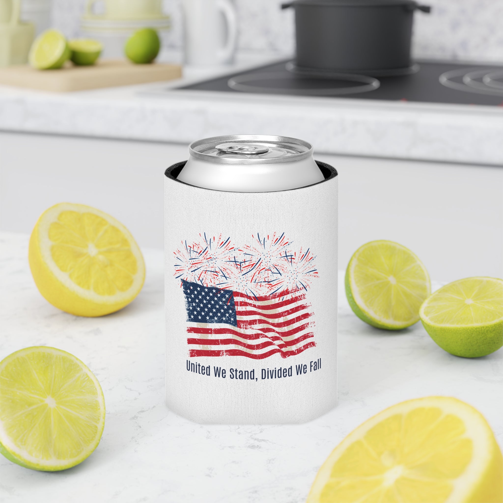 Patriotic Can Cooler — "United We Stand, Divided We Fall" American Flag with Fireworks