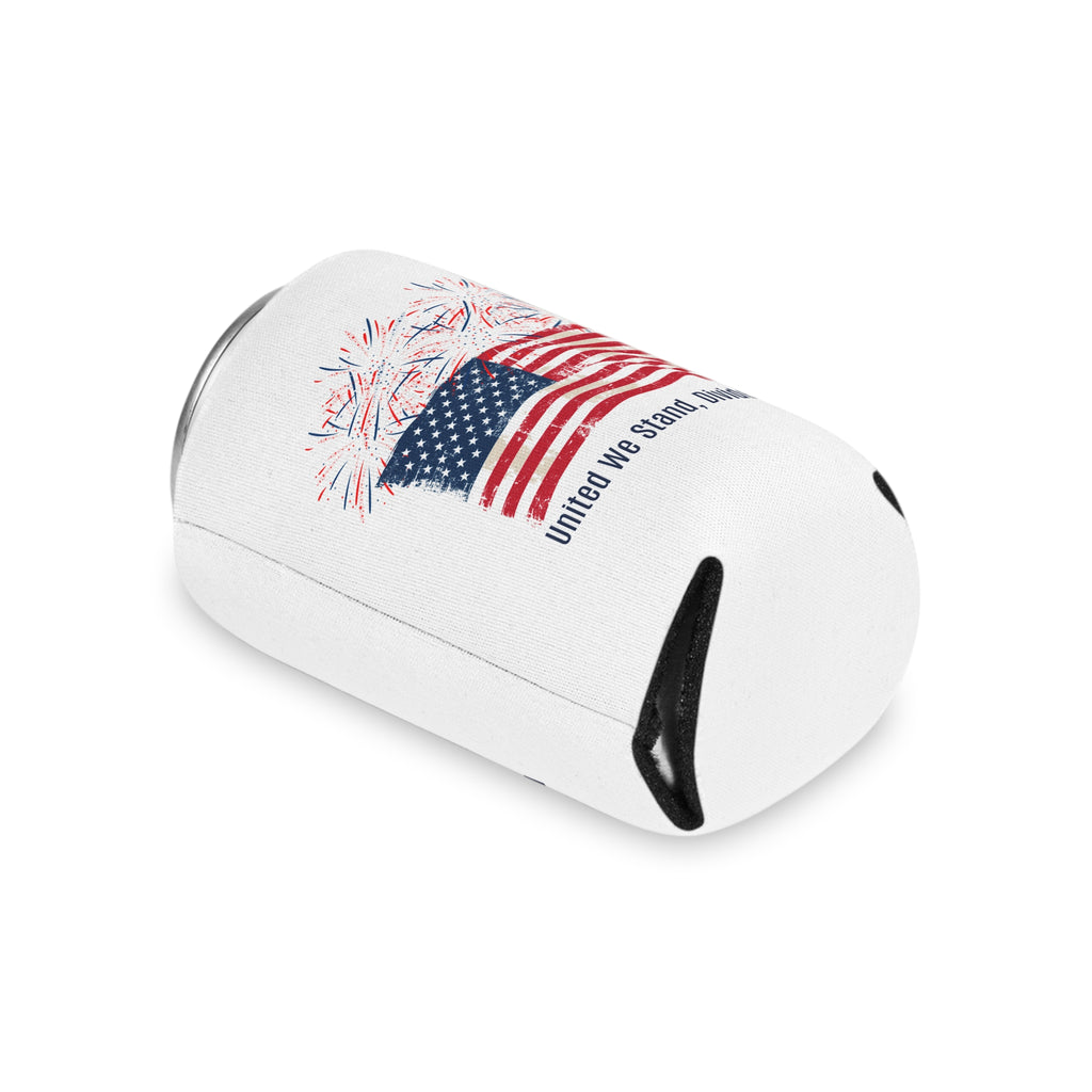 Patriotic Can Cooler — "United We Stand, Divided We Fall" American Flag with Fireworks