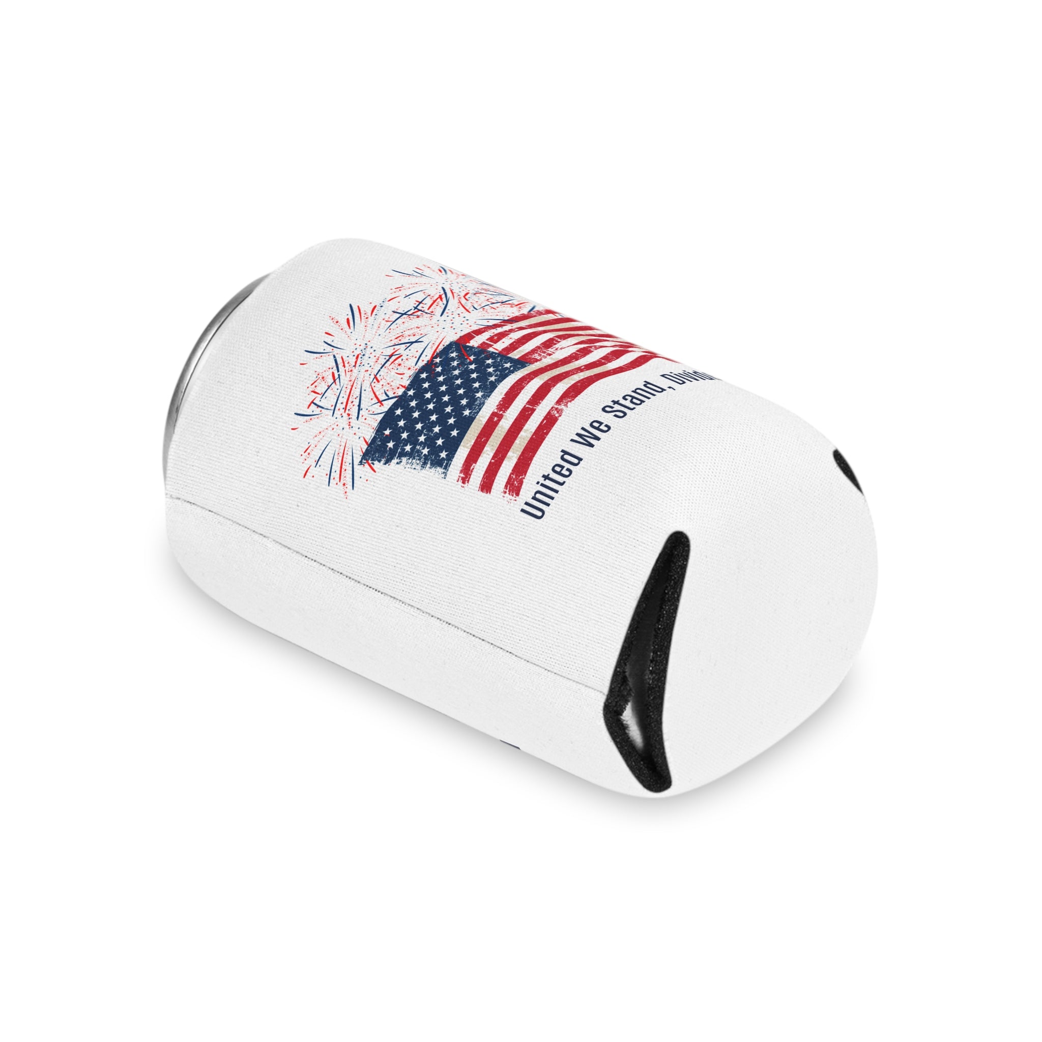 Patriotic Can Cooler — "United We Stand, Divided We Fall" American Flag with Fireworks