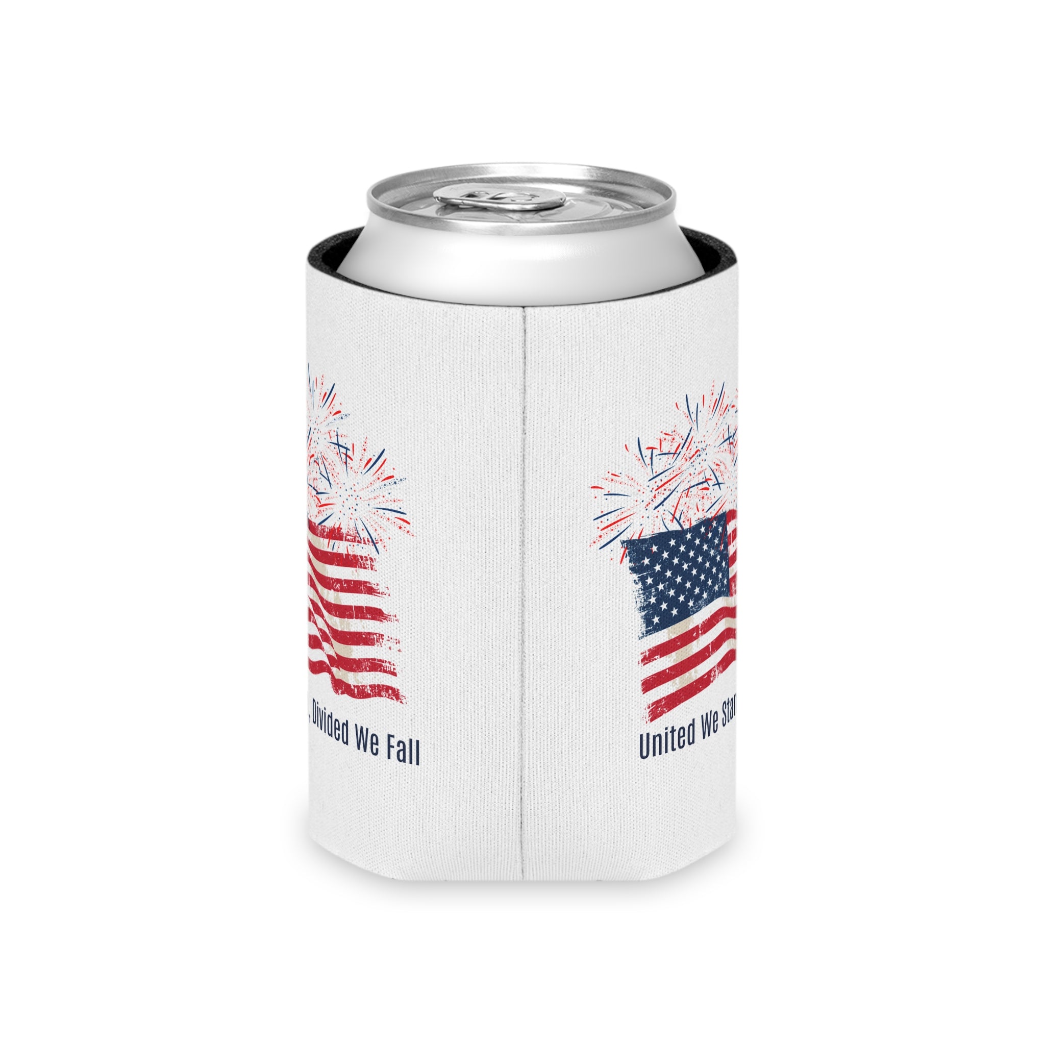 Patriotic Can Cooler — "United We Stand, Divided We Fall" American Flag with Fireworks