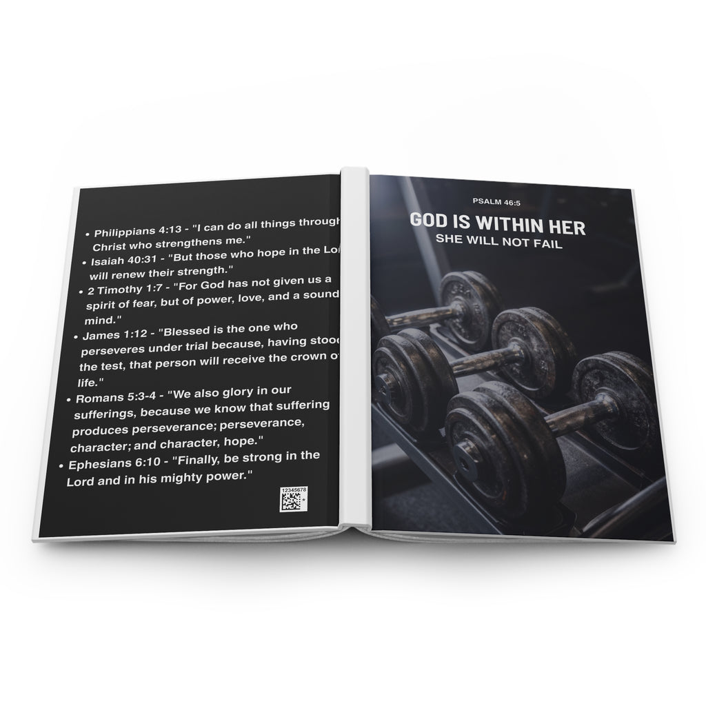 Faith & Fitness Hardcover Journal — "God Is Within Her, She Will Not Fail" (Psalm 46:5)