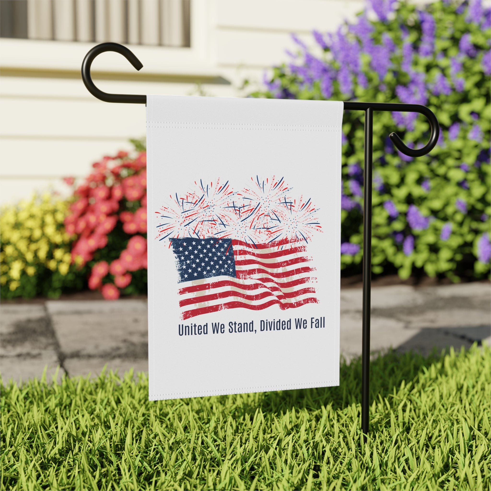 Patriotic Garden Flag — American Flag with Fireworks, "United We Stand, Divided We Fall"